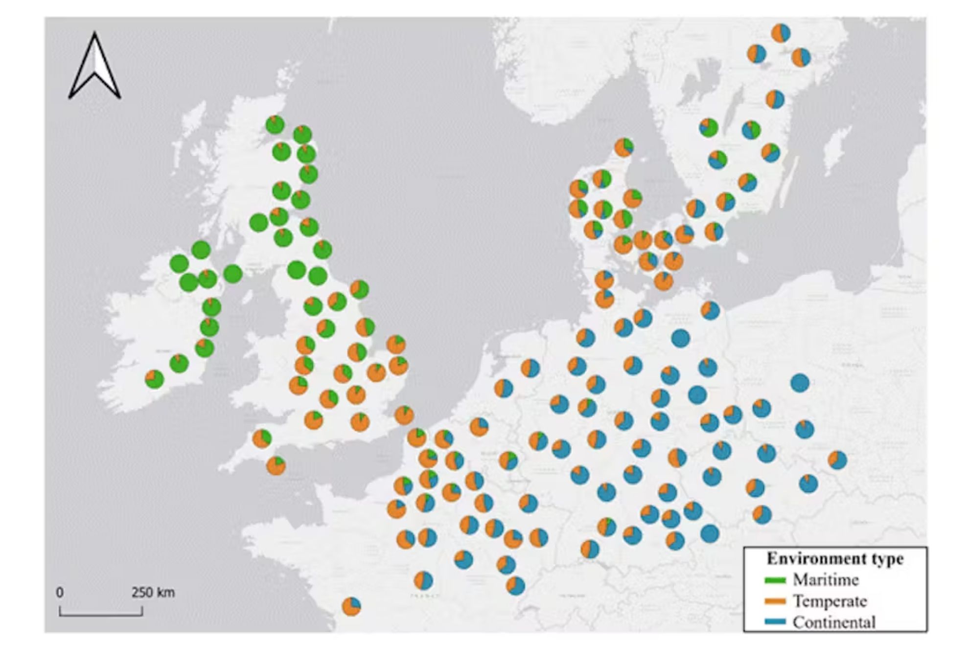 carte centrée sur le nord-ouest de l'Europe indiquant le type d'environnement dominant en divers points, répartis entre type maritime, type tempéré et type continental