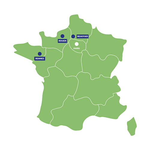 carte de France - localisation des campus d'UniLaSalle : Beauvais, Rouen et Rennes