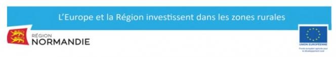 L'Europe et la région investissent dans les zones rurales + logos de la région Normandie et de l'Union européenne