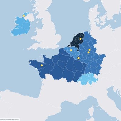 carte de l'Europe de l'ouest mettant en valeur les régions concernées, située en Irlande, France, Belgique, Luxembourg, Pays-Bas, Suisse et la moitié ouest de l'Allemagne