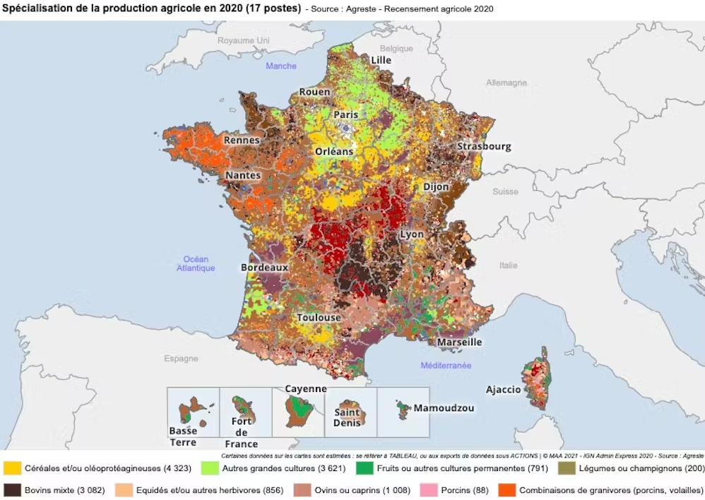 Carte de la France présentant les spécialisations agricoles par commune. Agreste (2020)